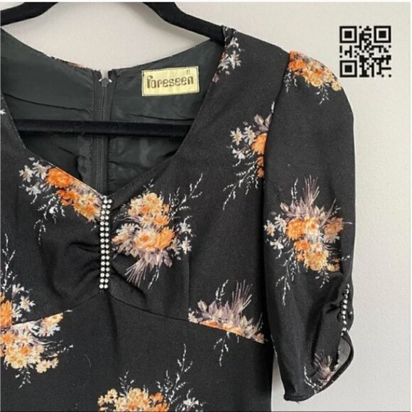 Vintage 70s Black Floral Sweetheart Neck Maxi Dress - 2-4/XS - Picture 4 of 11